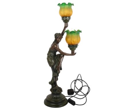 An Art Nouveau design patinated spelter 2-branch table lamp with figural support, with coloured glass shades, H65cm