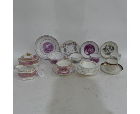 Early 19th century Sunderland lustre cups and saucers, etc, an early 19th century Spode sucrier and cream jug, Capodimonte cu