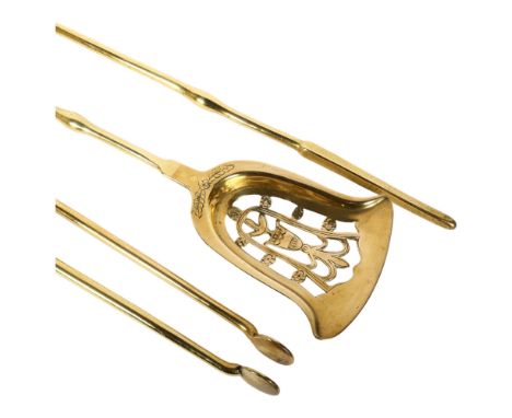 A Victorian polished brass 3-piece fire companion set, comprising tongs, poker and shovel, L79cm