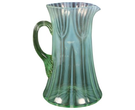 An Art Nouveau vaseline glass jug, unmarked, possibly Powell Whitefriars, H17.5cm, from the estate of a former Manager and co