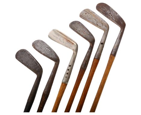 GOLFING INTEREST - a group of 6 hickory-shafted steel-headed golf clubs, various makers including Triplex "Paragon" R. J. Gib