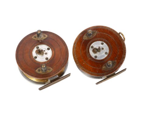 A similar pair of Vintage 4" walnut and aluminium ratchet fishing reels