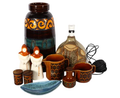 Rye Monk salt and pepper, 18cm, West German vase (A/F), Art pottery table lamp, Hornsea items, and Hastings pottery dish