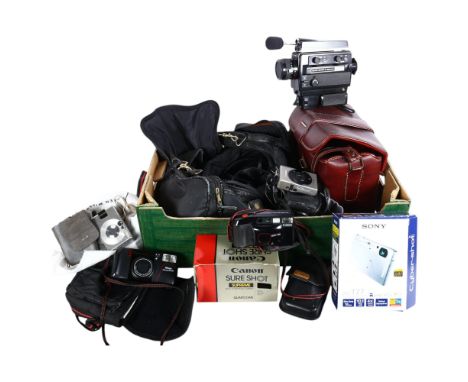 A quantity of Vintage cameras and equipment, including a Sony Cybershot DSC-T77 digital camera, a Nikon TW Zoom, a Canon Sure