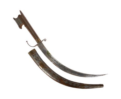 A North African Nimcha knife, with an carved wood and inlaid handle and scabbard brass-mounted, length from tip to tip 47cm