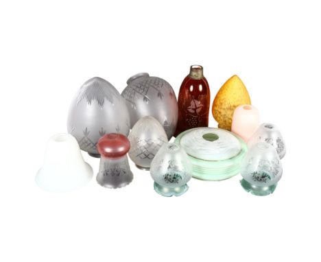 A pair of Edwardian frosted and etched glass lamp shades, 25cm, an etched red glass shade, and 9 others
