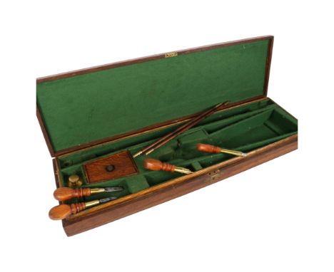 An oak shotgun/rifle case with fitted interior, and various tools (no maker's marks), L76cm