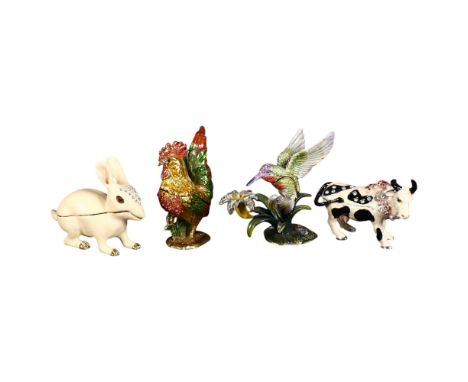 A group of 4 various enamelled and jewelled trinket boxes, various in the form of a hummingbird, cow, cockerel and rabbit (4)