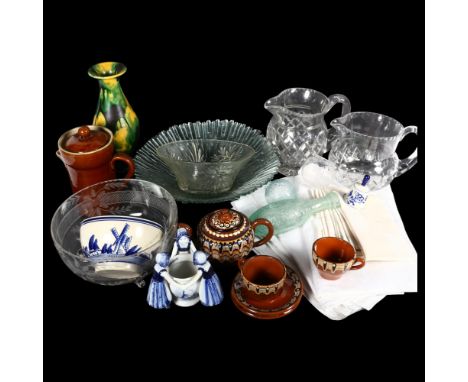 Various decorative china and glassware, and a tablecloth