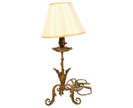An early 20th century Arts and Crafts wrought-iron table lamp, in working order, with LED bulb and shade, H46cm