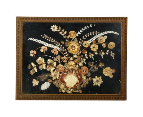 A Victorian hand crafted Folk Art shell display, still life vase of flowers, in Period glazed wood frame, overall 50cm x 66.5