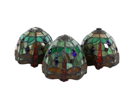 A group of 3 Tiffany style stained glass lamp shades, each with dragonfly decoration, diameter 14.5cm, height 14.5cm (3)