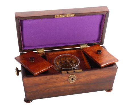 Antique mahogany sarcophagus tea caddy with fitted interior and mixing bowl, length overall 31cm