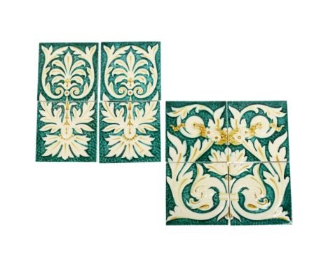 A group of 8 Minton Hollins relief moulded tiles, in pale green and cream, each tile measures 15cm x 15cm and can be grouped 