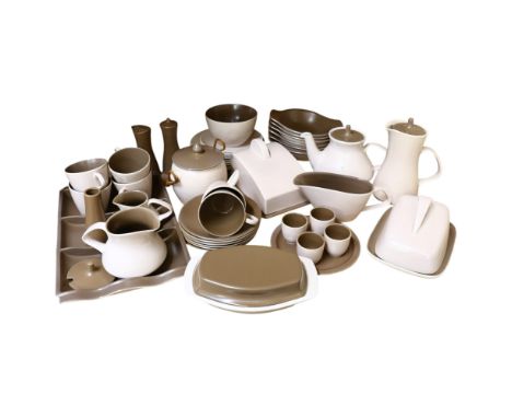 A Poole Pottery Twintone Sepia and Mushroom part tea and dinner service, including various cups, saucers, butter dishes, chee