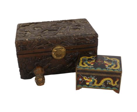 A Chinese bronze mythical figure, H5.5cm, an ornate cloisonne jewellery box, with dragon decoration, and a carved wood jewell