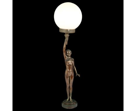 An Art Deco bronze table lamp in the form of a naked lady, with pink glass shade, on circular stepped base, overall height 58