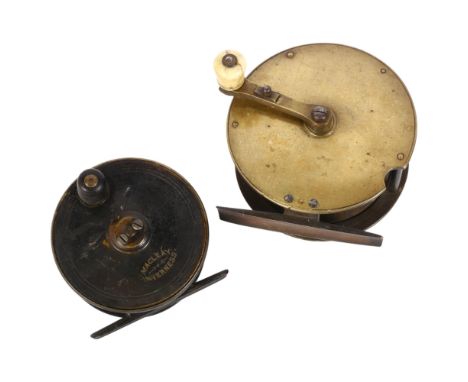 Macleay, Inverness, a 3 and a 1/4" salmon reel, and a 4" brass salmon ratchet reel