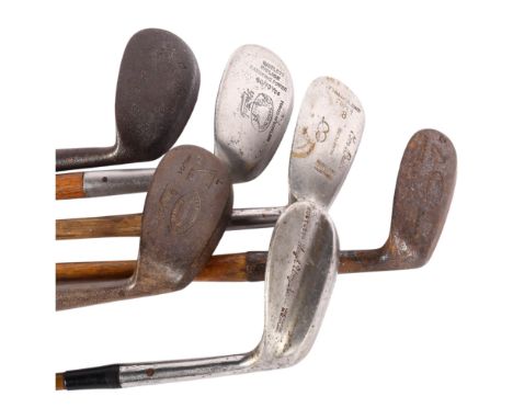 GOLFING INTEREST - a group of 6 hickory-shafted steel-headed golf clubs, various makers including Triplex "Paragon" R. J. Gib