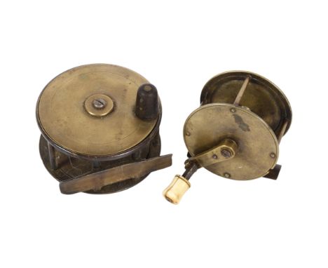 A Vintage 3.5" brass salmon reel with ratchet, and a 2 and 3/4" brass reel (no maker's marks)