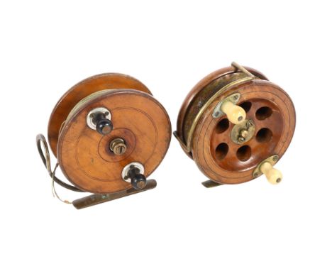 2 Vintage fishing reels, including a Hardy Brothers 5" reel, and Cart &amp; Company, a 5" mahogany and brass star back reel w