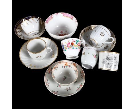 A group of New Hall porcelain cups and saucers, and a New Hall tea bowl and saucer with painted floral sprigs