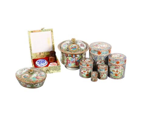 A Chinese famille rose Canton oval dish and cover, a pot and cover, a cased seal set, and a set of stacking cylindrical boxes