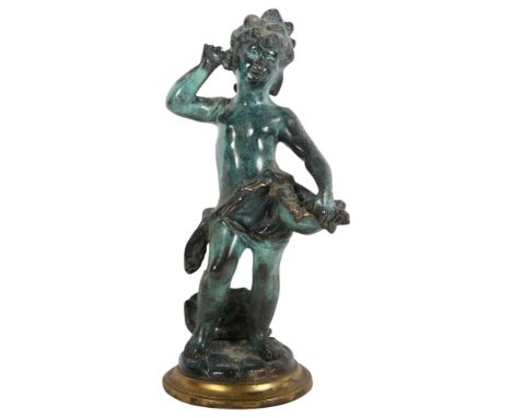 A bronze verdigris figural sculpture of a cherub boy with shell basket, unsigned, H37cm