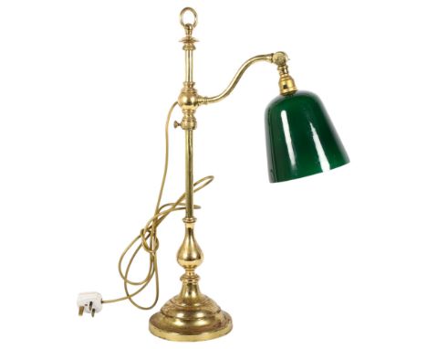 A brass Pullman style desk lamp, with adjustable green glass shade, H62cm