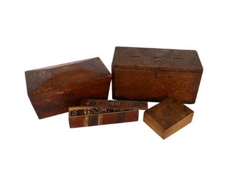 An oak collection box, 31cm, a tea caddy containing keys and padlocks, dominos in inlaid box, and a smaller box