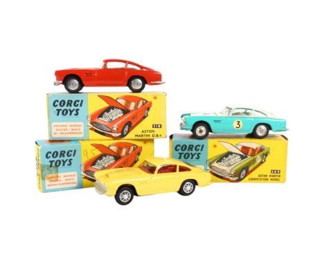 A group of 3 boxed Corgi Toys diecast vehicles, each Aston Martin related in nature, including models 218 Red, 218 Yellow, an