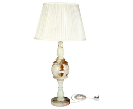 A large onyx marble-effect table lamp, with associated glass shade, height overall approx 88cm