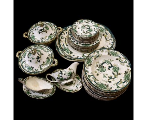 A Mason Ironstone Chartreuse pattern part dinner service, consisting of various dinner plates, soup bowls, side plates, platt