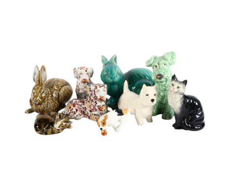 Royal Doulton Terrier, Art pottery blue glazed rabbit, H16cm, a Sylvac dog, 1379, pair of Chinese Imari style puppies, Beswic