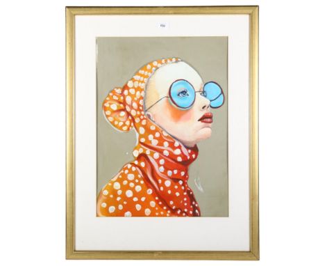 Clive Fredriksson, acrylics study of a girl wearing blue sunglasses, in glazed gilt frame, 86cm x 65cm overall