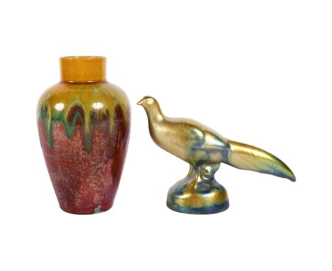 A Zsolnay Eosin lustre pheasant, H8.5cm, and an unmarked yellow and green drip glaze ceramic vase, H11cm (2), from the estate