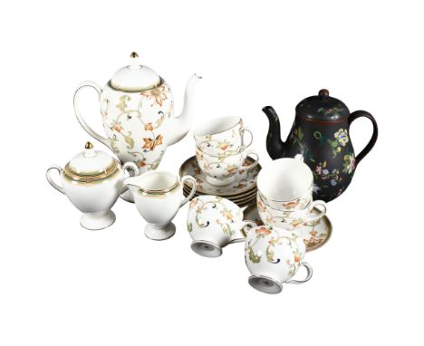 Wedgwood Oberon pattern tea service for 6 people, and black Wedgwood teapot with chinoiserie floral design