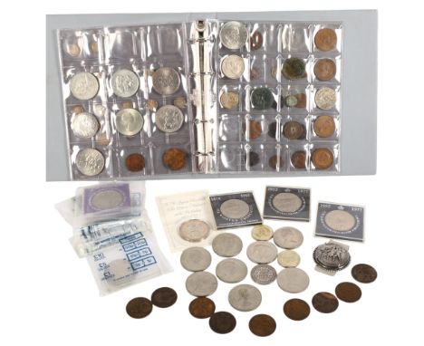 A collection of pre-decimal English coins, including commemorative, silver crown, coin-mounted money clip, etc