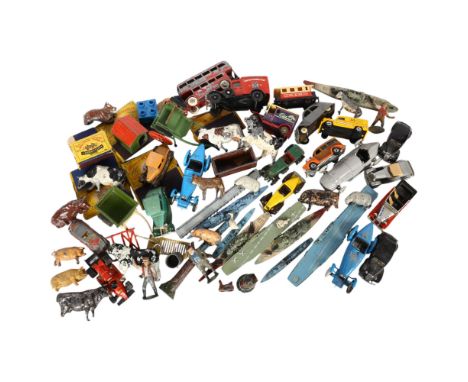 Box of Britains farm vehicles, animals, Tri-ang, ships, Corgi Bugatti, etc