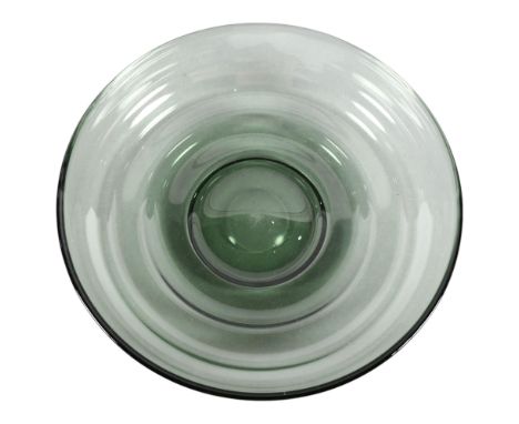 A mid 20th century large green ribbed glass bowl and polished pontil base in the style of Whitefriars glass, diameter  35cmso