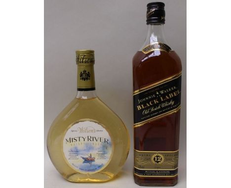 Johnnie Walker Black Label, old Scotch whisky, 12 years old, 1 bottle together with Wilsons Misty River whisky liqueur, Duned