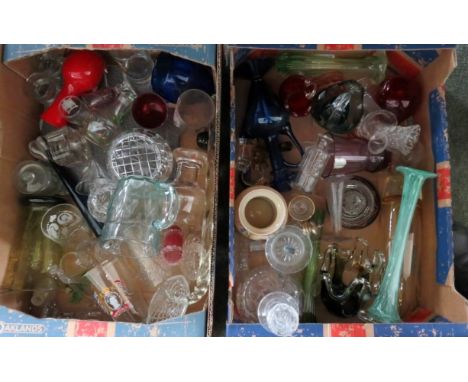 A large quantity of decorative glassware to include coloured glass vases, mugs, jugs, decanter etc (a lot) 