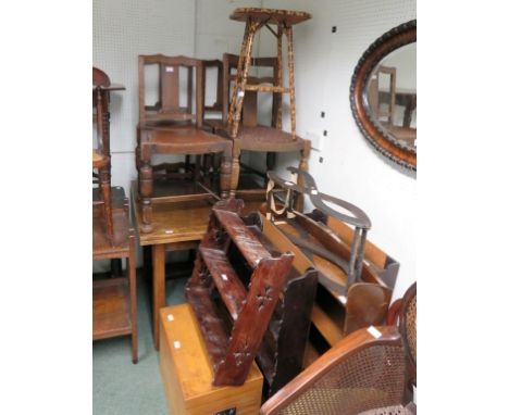 An extending table and a set of four dining chairs, two similar dining chairs, a bamboo occasional table, three hanging wall 