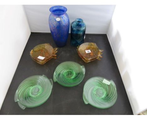 A Royal Brierley Art glass vases, a coloured glass bottle; amber glass fish shaped plates and others 