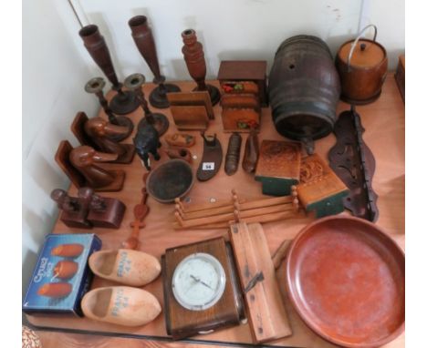 A small sherry barrel; wood ducks head bookends, candlesticks, assorted wood items, barometer etc 