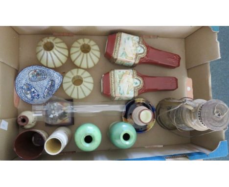 A pair of Continental moulded Cessesionist style vases, mottoware, match holder; hurricane lamp etc 