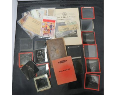 Railway memorabilia - L & SWR Rules & Regulations book 1884; BR Fire Manual; some loose postcards; topo photo slides etc