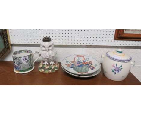 A Poole pottery biscuit barrel; two Japanese plates; owl lamp base and an old transfer printed mug with archery scene 