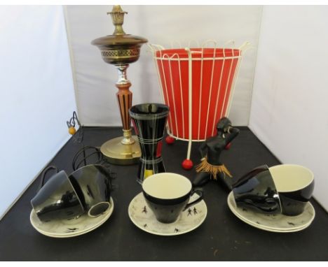 A c.1950's wire cat letter rack; metal table lamp, Springtime cups and saucers etc 