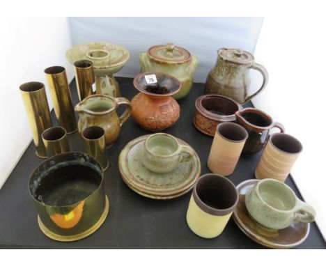 A quantity of pottery jugs, containers, cups and saucers etc, includes Quantock design 